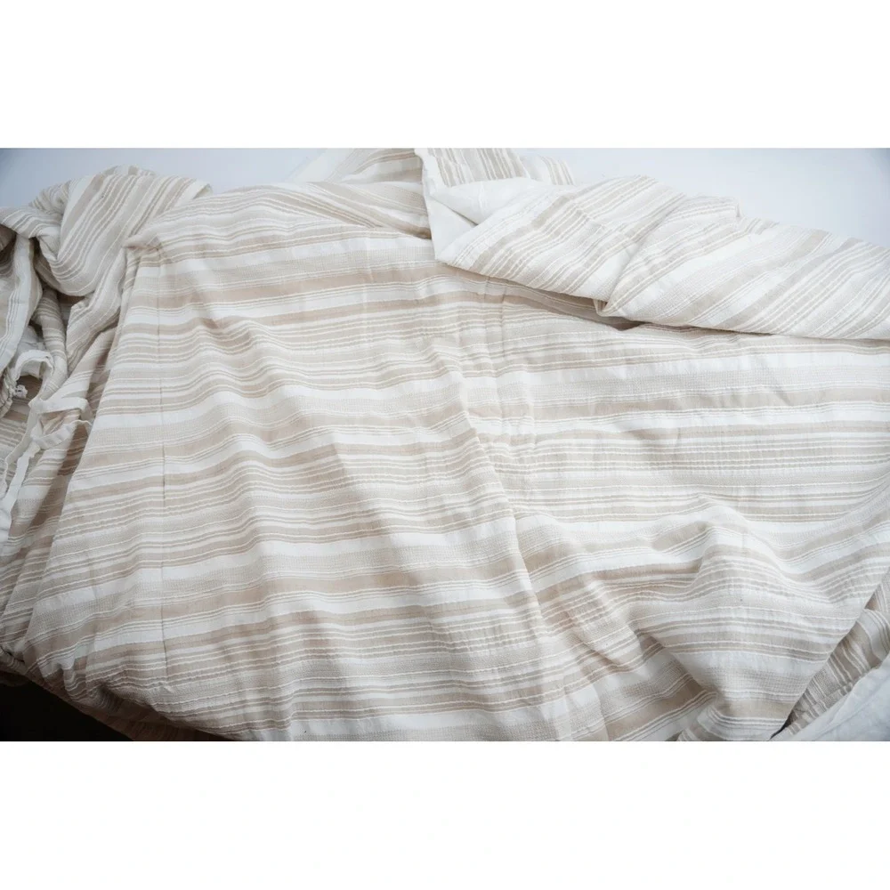 Pottery Barn Duvet Cover King/Cal King Tan White Striped Cotton Excellent